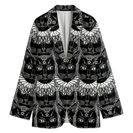 Black And White Gothic Wiccan Cat Print Women's Cotton Blazer