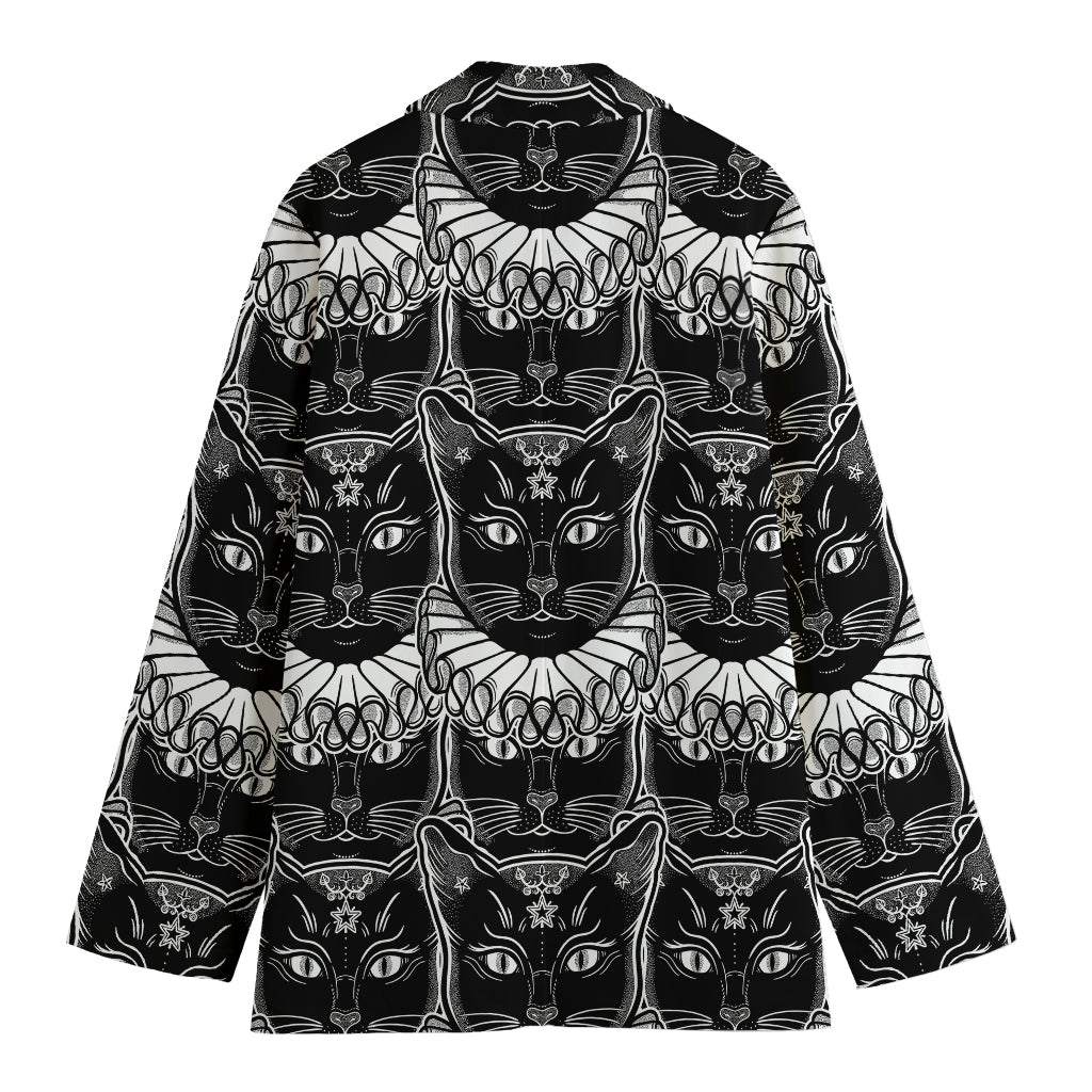 Black And White Gothic Wiccan Cat Print Women's Cotton Blazer