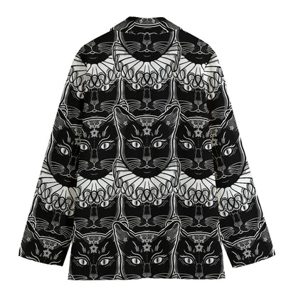 Black And White Gothic Wiccan Cat Print Women's Cotton Blazer