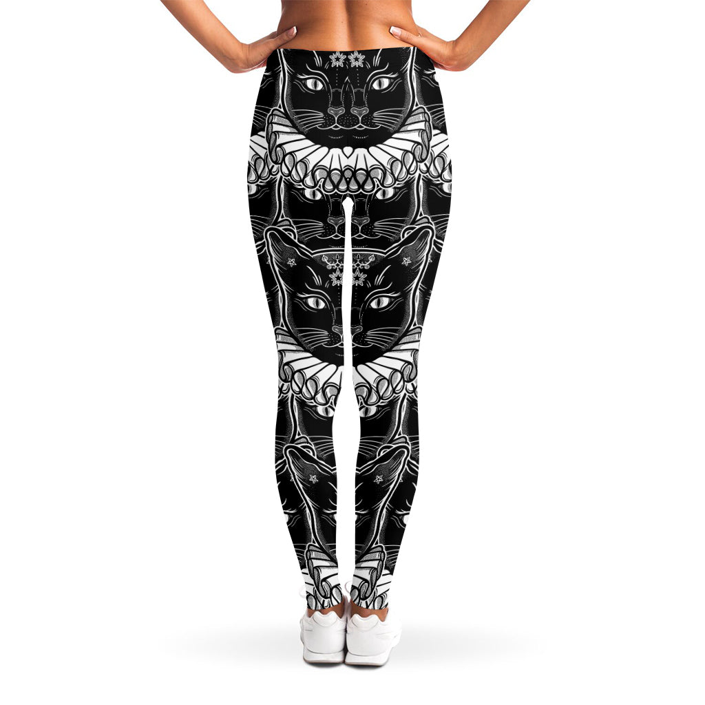 Black And White Gothic Wiccan Cat Print Women's Leggings