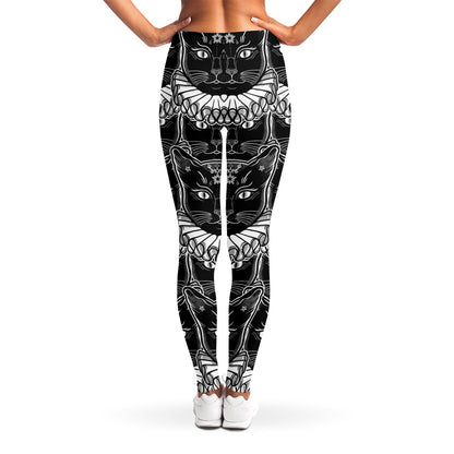 Black And White Gothic Wiccan Cat Print Women's Leggings