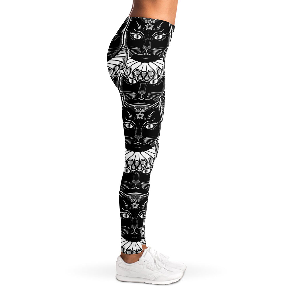 Black And White Gothic Wiccan Cat Print Women's Leggings
