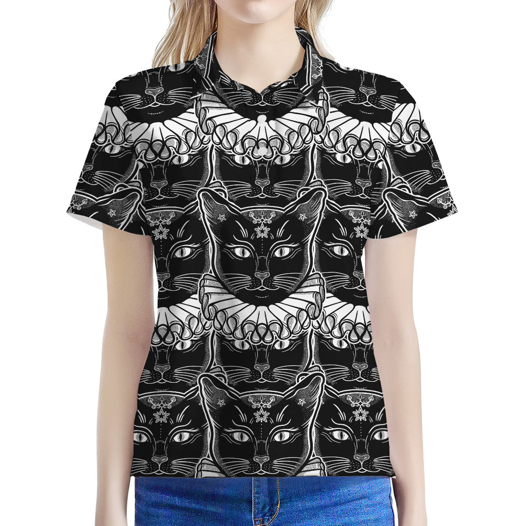 Black And White Gothic Wiccan Cat Print Women's Polo Shirt