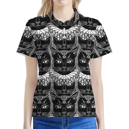 Black And White Gothic Wiccan Cat Print Women's Polo Shirt