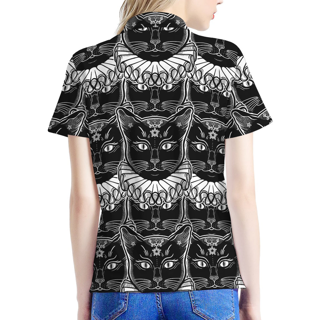 Black And White Gothic Wiccan Cat Print Women's Polo Shirt