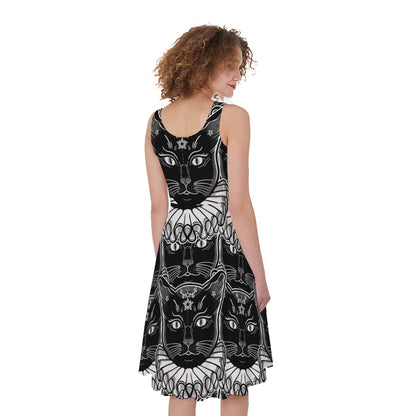 Black And White Gothic Wiccan Cat Print Women's Sleeveless Dress