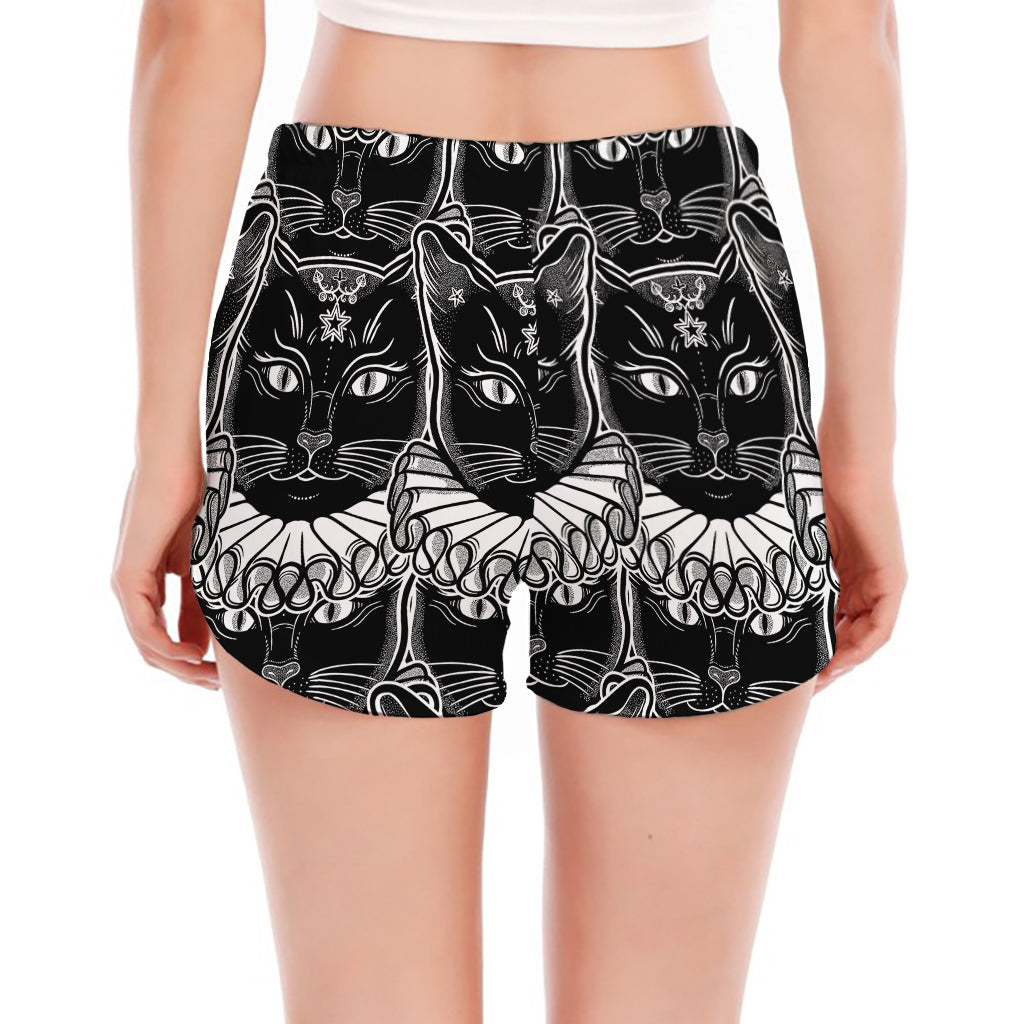 Black And White Gothic Wiccan Cat Print Women's Split Running Shorts
