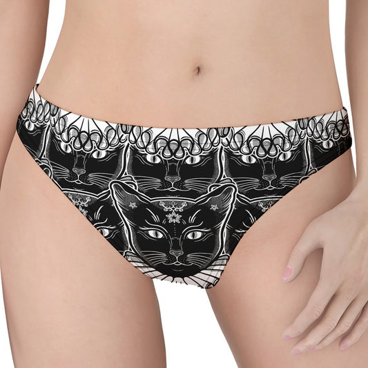 Black And White Gothic Wiccan Cat Print Women's Thong