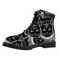 Black And White Gothic Wiccan Cat Print Padded Collar Lace Up Boots