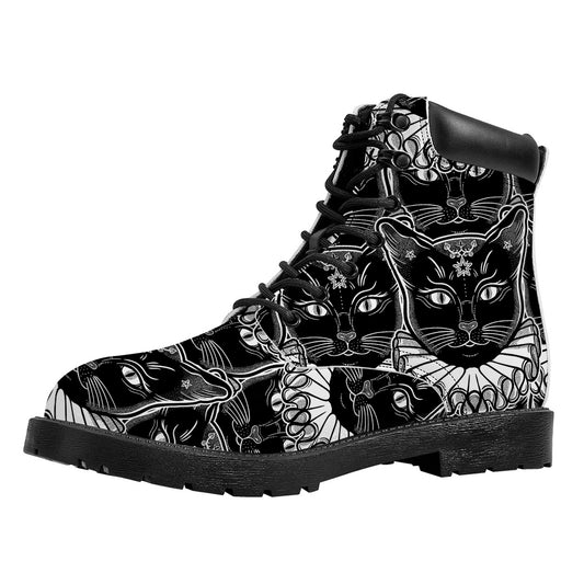 Black And White Gothic Wiccan Cat Print Work Boots