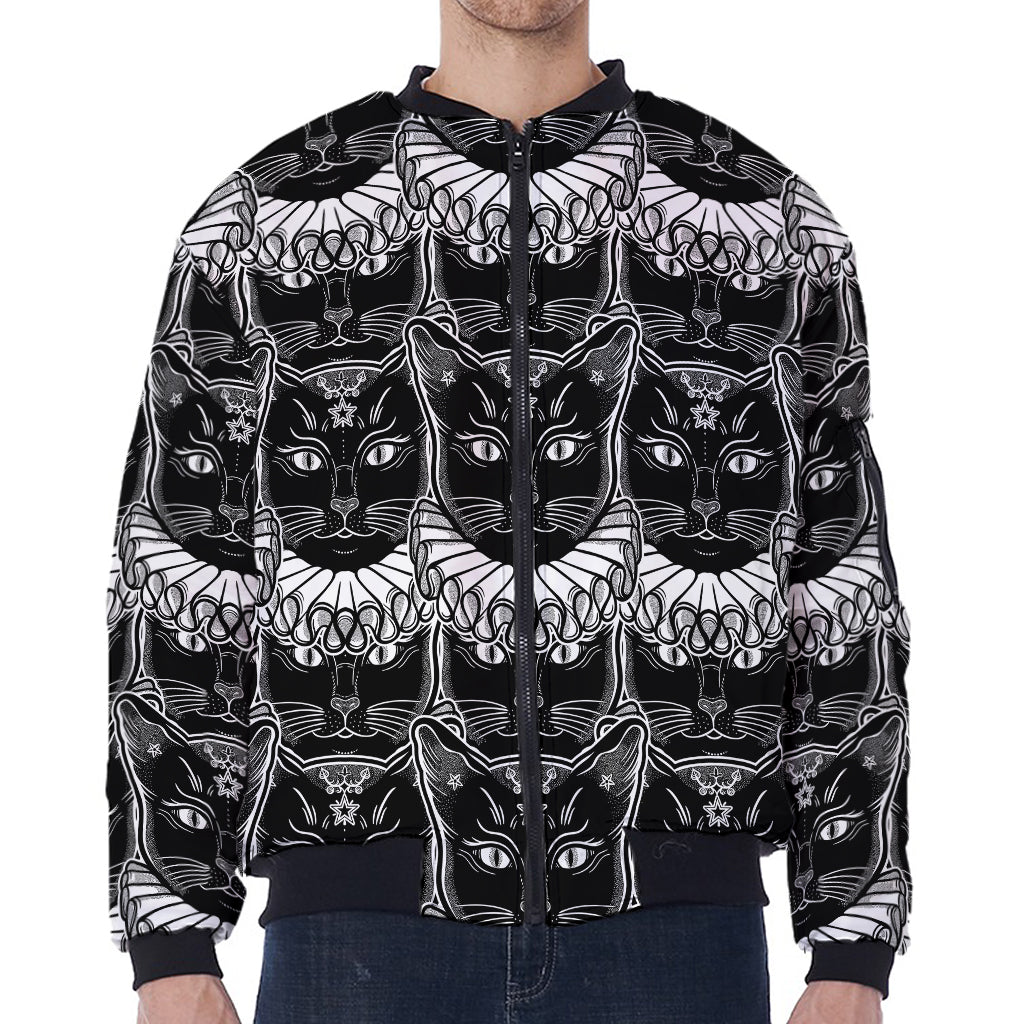 Black And White Gothic Wiccan Cat Print Zip Sleeve Bomber Jacket