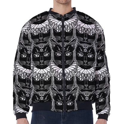 Black And White Gothic Wiccan Cat Print Zip Sleeve Bomber Jacket