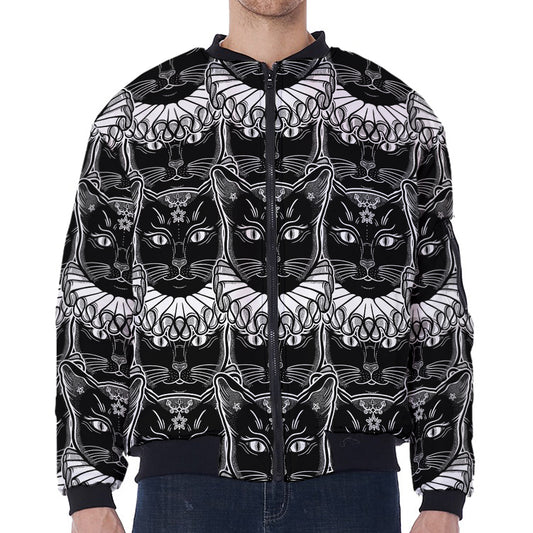 Black And White Gothic Wiccan Cat Print Zip Sleeve Bomber Jacket