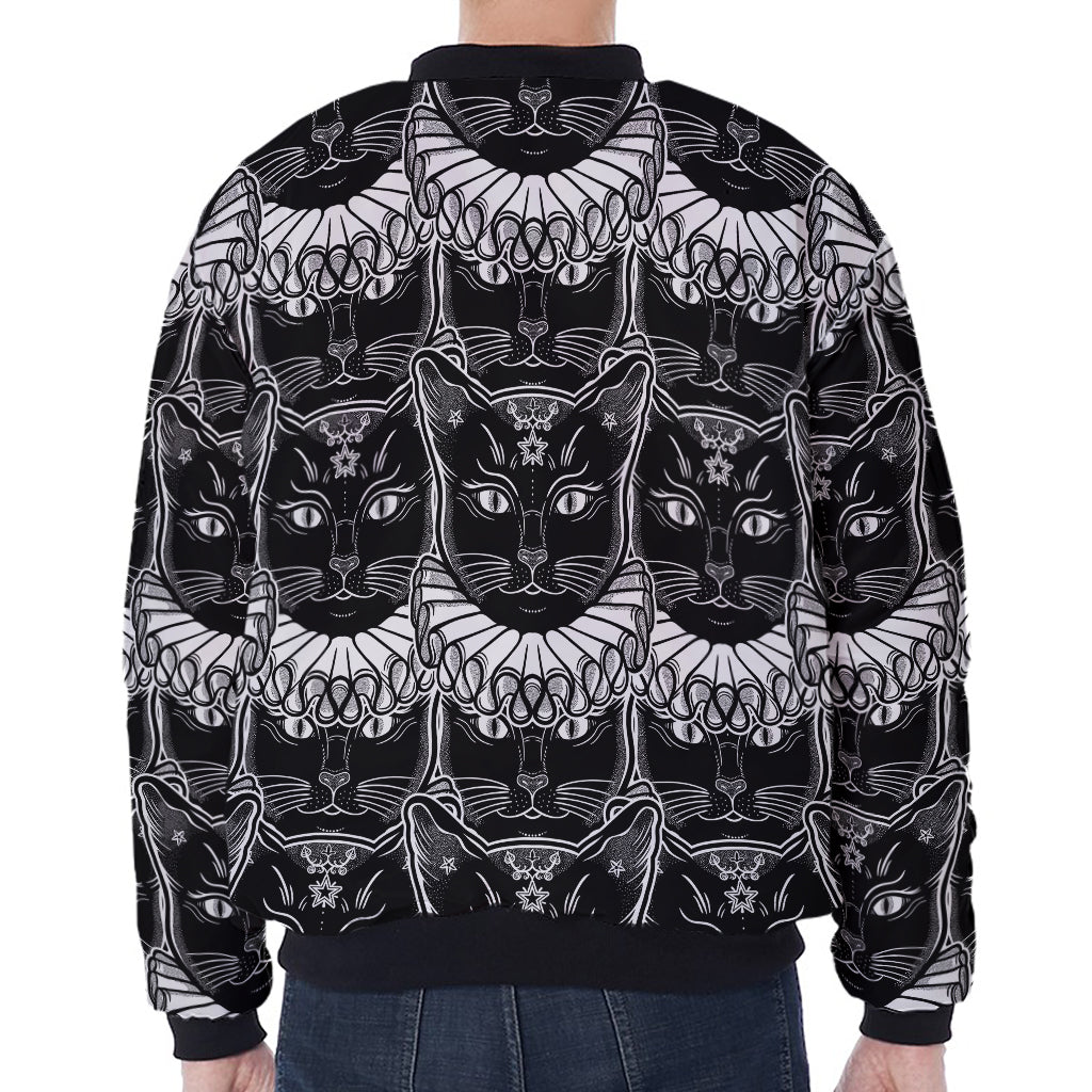 Black And White Gothic Wiccan Cat Print Zip Sleeve Bomber Jacket