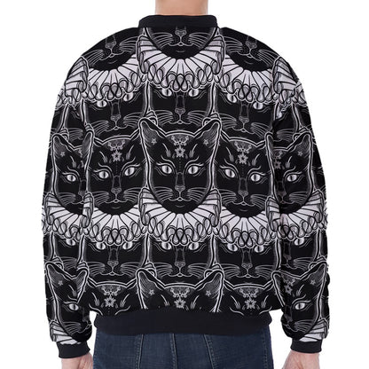Black And White Gothic Wiccan Cat Print Zip Sleeve Bomber Jacket