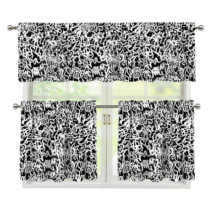 Black And White Graffiti Pattern Print 3 Piece Kitchen Curtains