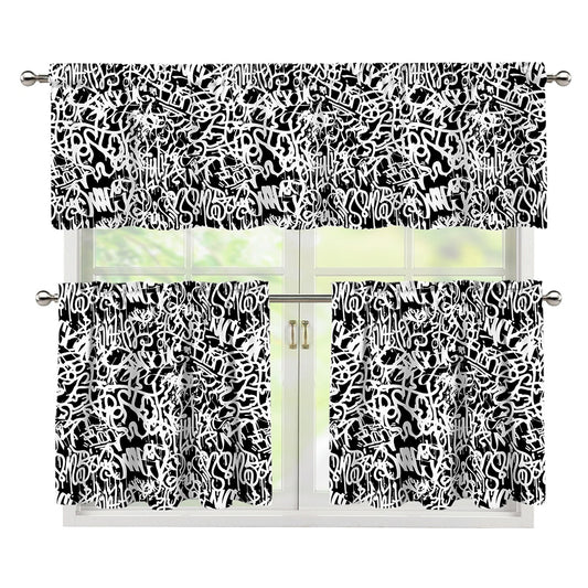 Black And White Graffiti Pattern Print 3 Piece Kitchen Curtains