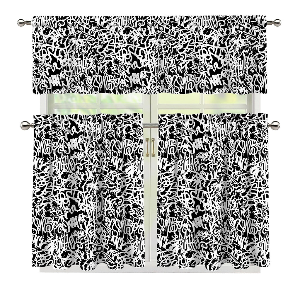 Black And White Graffiti Pattern Print 3 Piece Kitchen Curtains