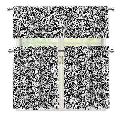 Black And White Graffiti Pattern Print 3 Piece Kitchen Curtains