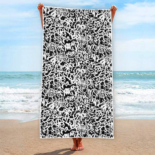 Black And White Graffiti Pattern Print Beach Towel