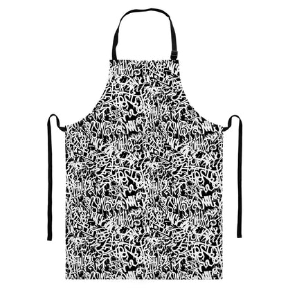 Black And White Graffiti Pattern Print Bib Apron With Pocket