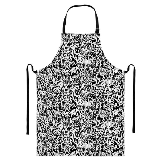 Black And White Graffiti Pattern Print Bib Apron With Pocket