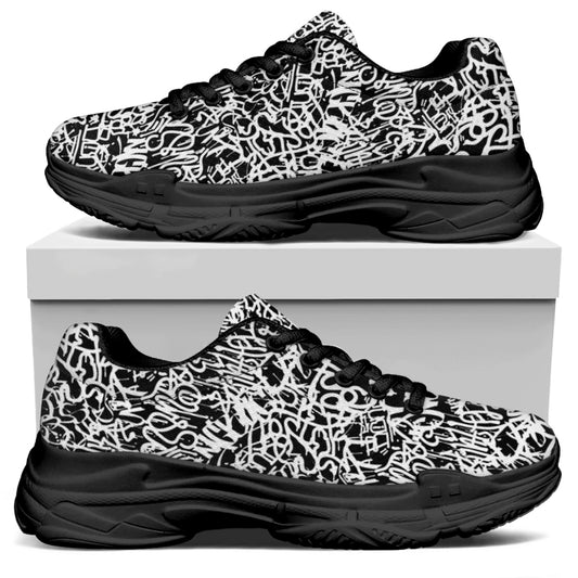Black And White Graffiti Pattern Print Black Chunky Shoes