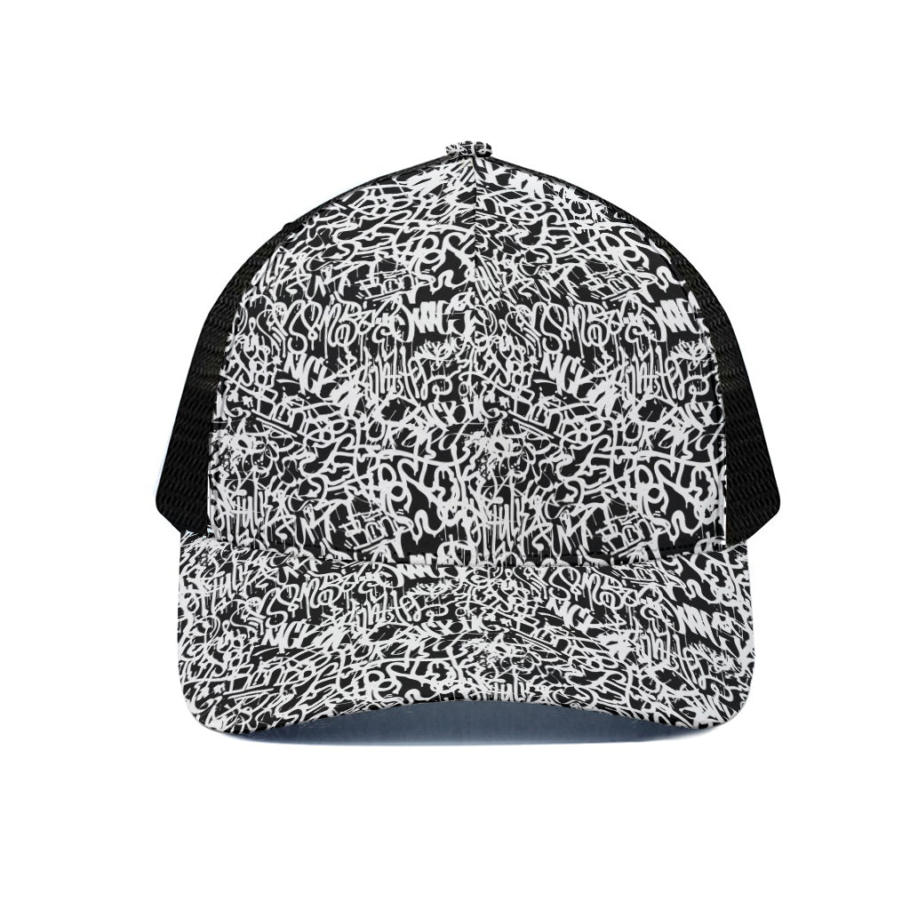 Black And White Graffiti Pattern Print Black Mesh Trucker Cap