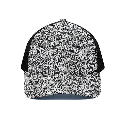 Black And White Graffiti Pattern Print Black Mesh Trucker Cap