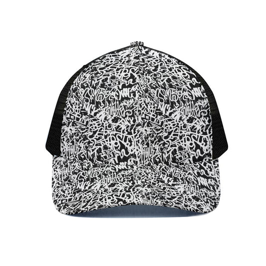 Black And White Graffiti Pattern Print Black Mesh Trucker Cap