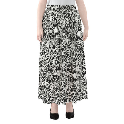 Black And White Graffiti Pattern Print Chiffon Maxi Skirt