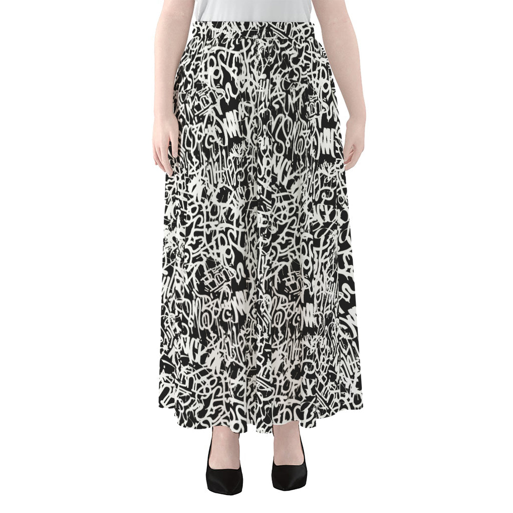 Black And White Graffiti Pattern Print Chiffon Maxi Skirt