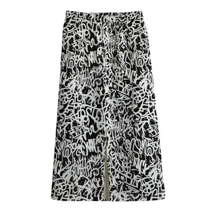 Black And White Graffiti Pattern Print Cotton Front Slit Maxi Skirt