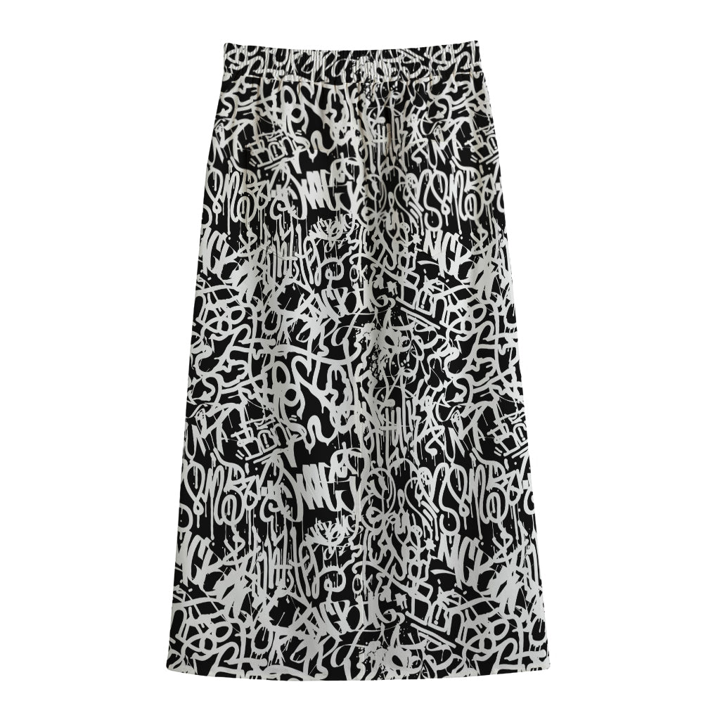 Black And White Graffiti Pattern Print Cotton Front Slit Maxi Skirt