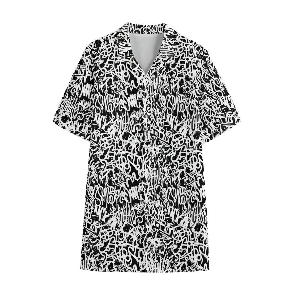 Black And White Graffiti Pattern Print Cotton Hawaiian Shirt