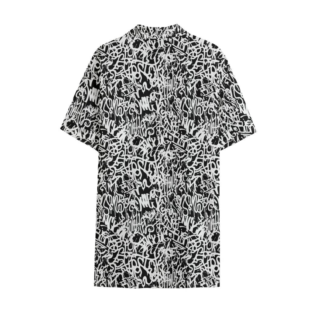 Black And White Graffiti Pattern Print Cotton Hawaiian Shirt