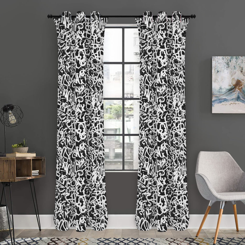 Black And White Graffiti Pattern Print Curtain