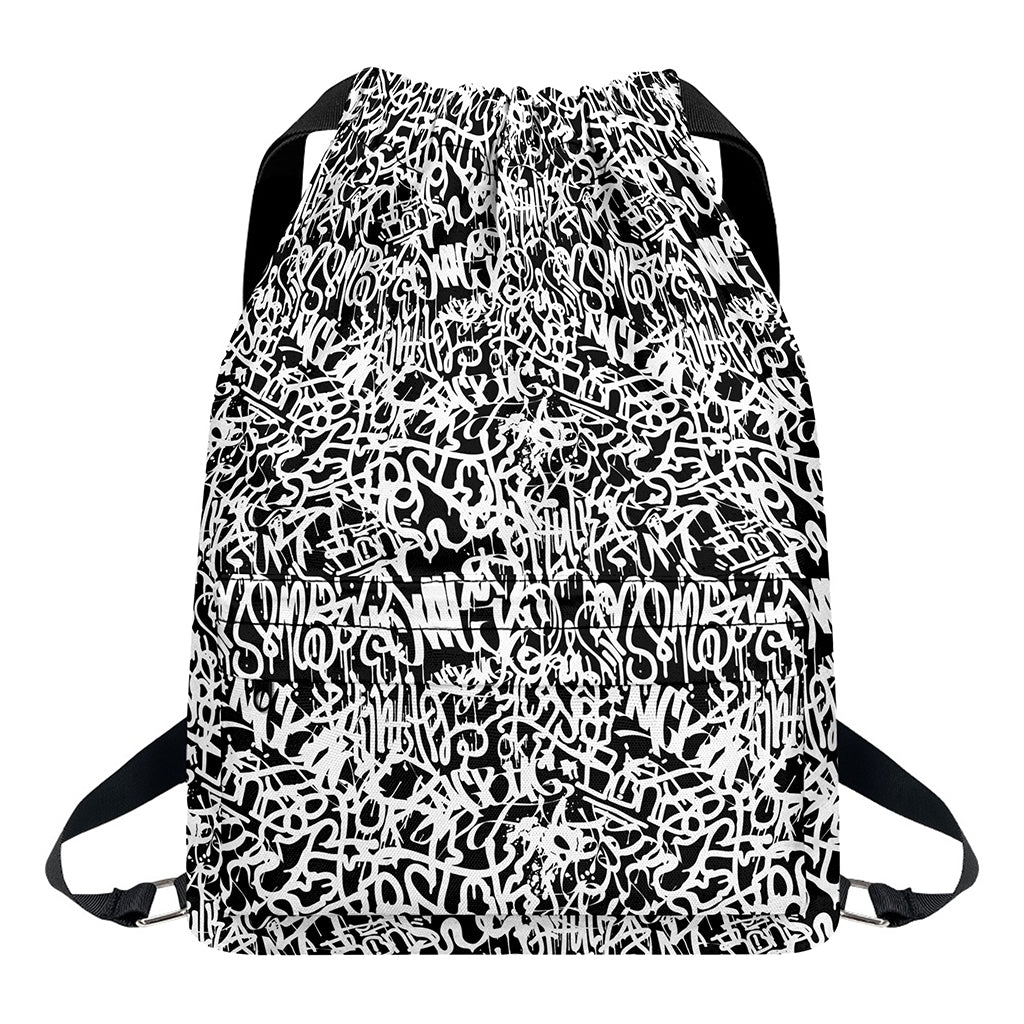 Black And White Graffiti Pattern Print Drawstring Backpack