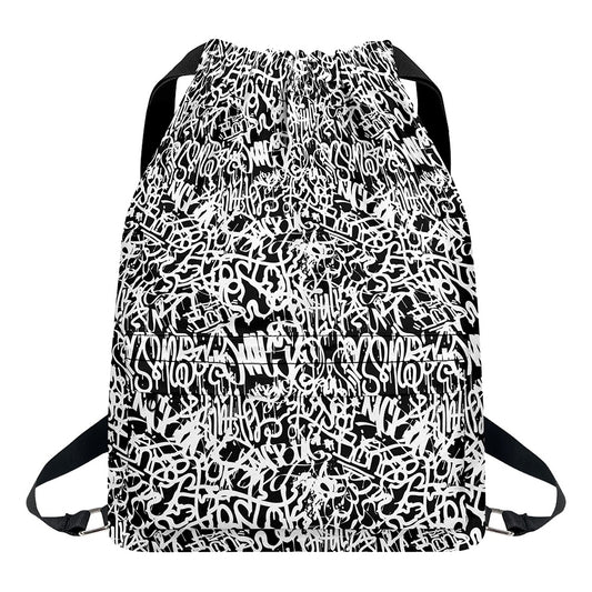 Black And White Graffiti Pattern Print Drawstring Backpack