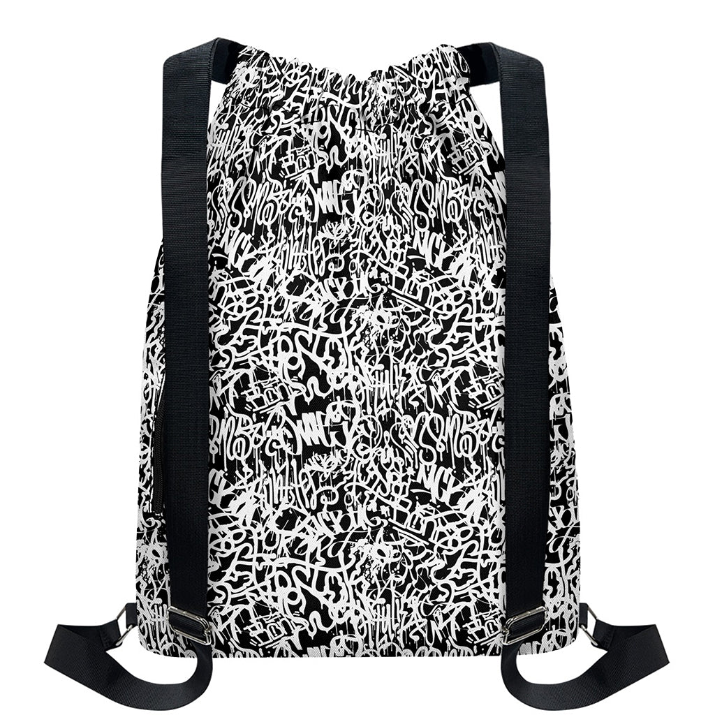 Black And White Graffiti Pattern Print Drawstring Backpack