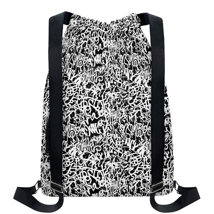 Black And White Graffiti Pattern Print Drawstring Backpack