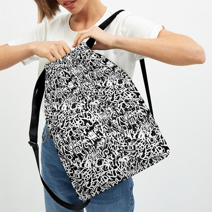 Black And White Graffiti Pattern Print Drawstring Backpack
