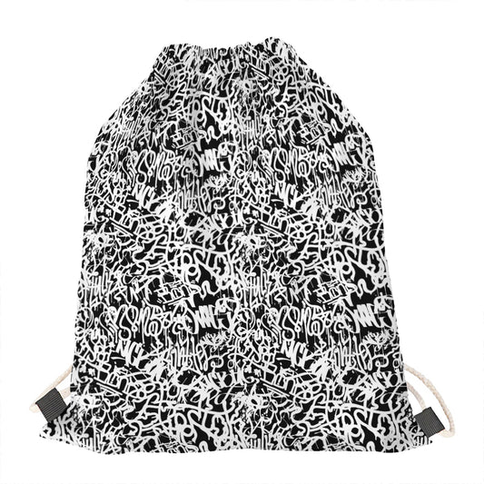 Black And White Graffiti Pattern Print Drawstring Bag