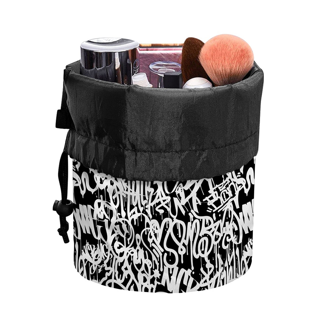 Black And White Graffiti Pattern Print Drawstring Makeup Bag