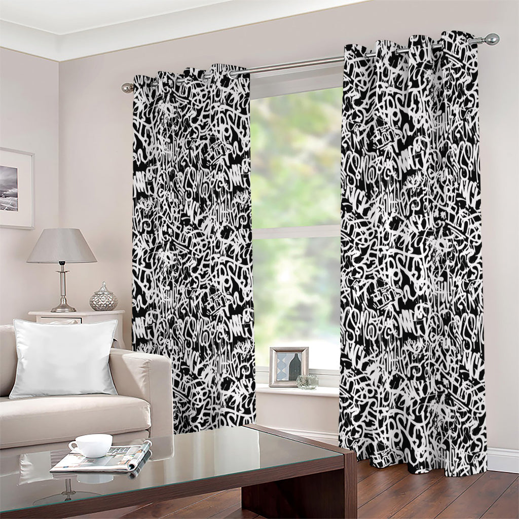 Black And White Graffiti Pattern Print Extra Wide Grommet Curtains