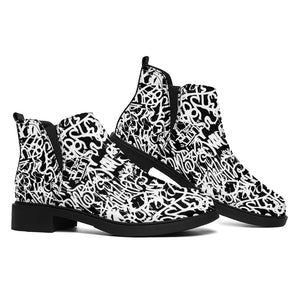 Black And White Graffiti Pattern Print Flat Ankle Boots