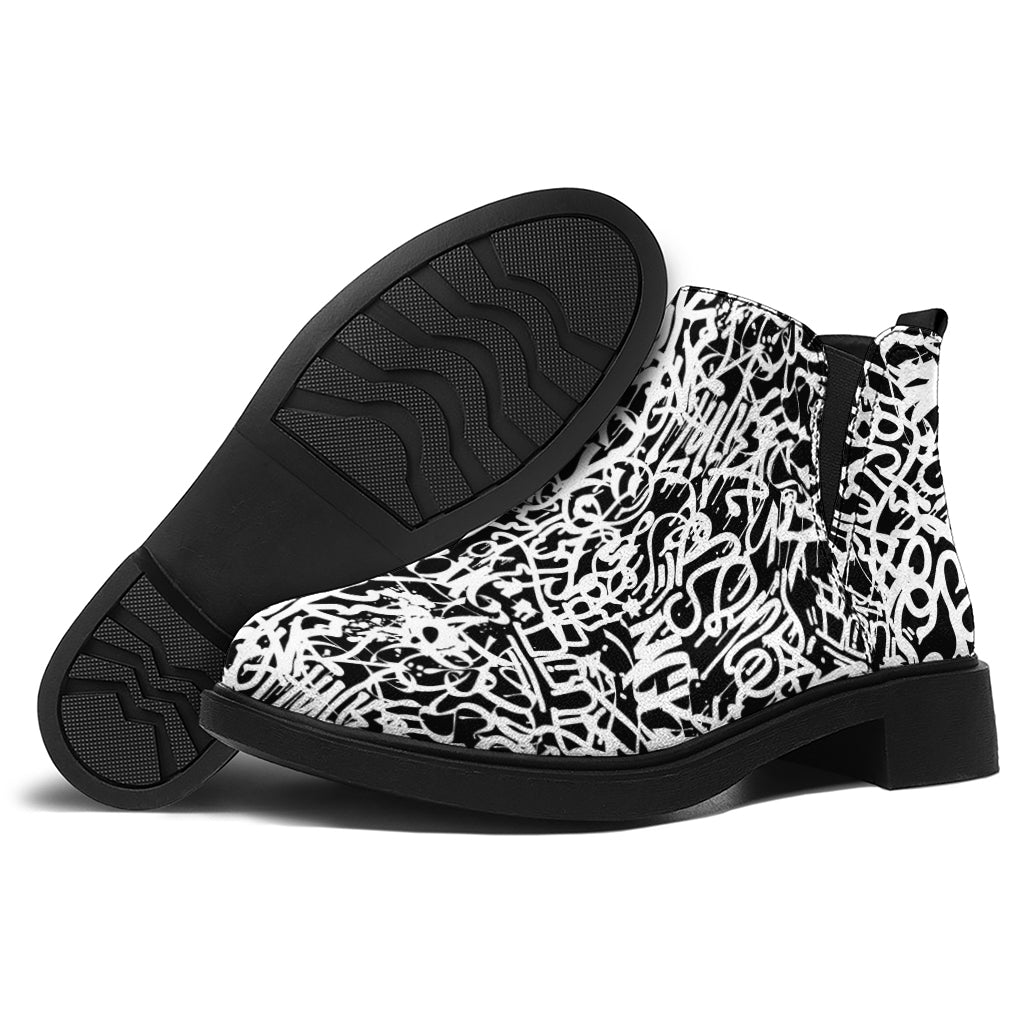 Black And White Graffiti Pattern Print Flat Ankle Boots