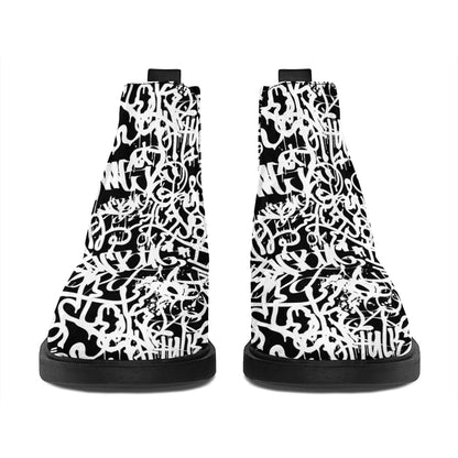 Black And White Graffiti Pattern Print Flat Ankle Boots
