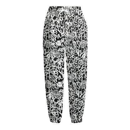 Black And White Graffiti Pattern Print Fleece Lined Knit Pants