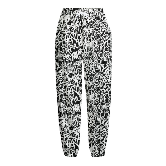 Black And White Graffiti Pattern Print Fleece Lined Knit Pants